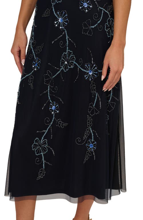 Shop Adrianna Papell Beaded Sleeveless Midi Dress In Midnight Multi