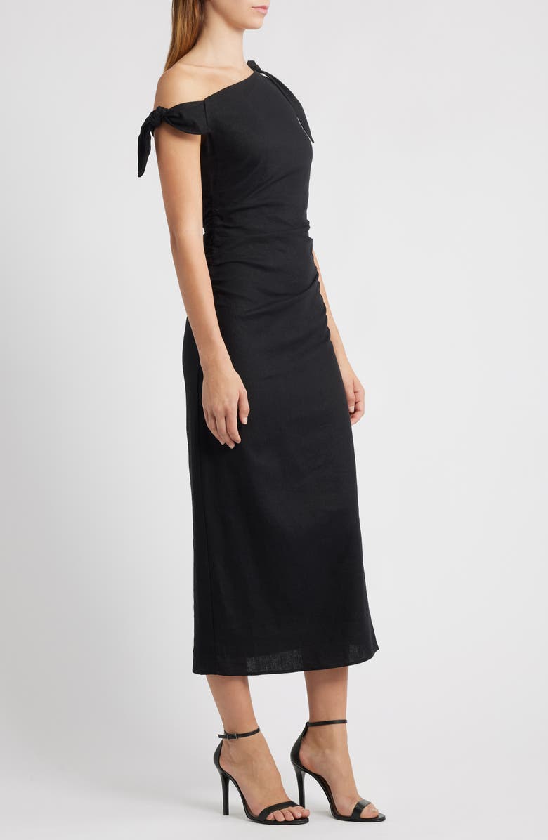 WAYF Clio Tie Shoulder Linen Blend Midi Dress, Alternate, color, Black