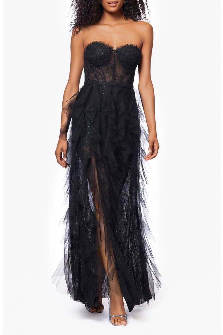 Sequin Lace Strapless Gown, Main, color, BLACK