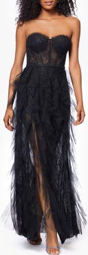 Betsy 
Adam Sequin Lace Strapless Gown