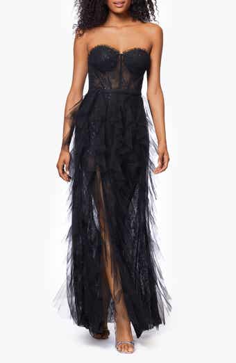 Betsy & Adam Sequin Lace Strapless Gown
