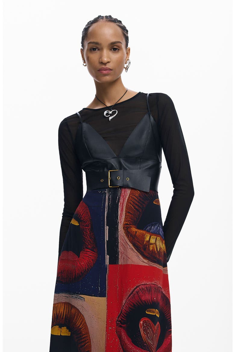 Long Sleeve Mixed Media Faux Leather Bodice Dress, Alternate, color, BLACK