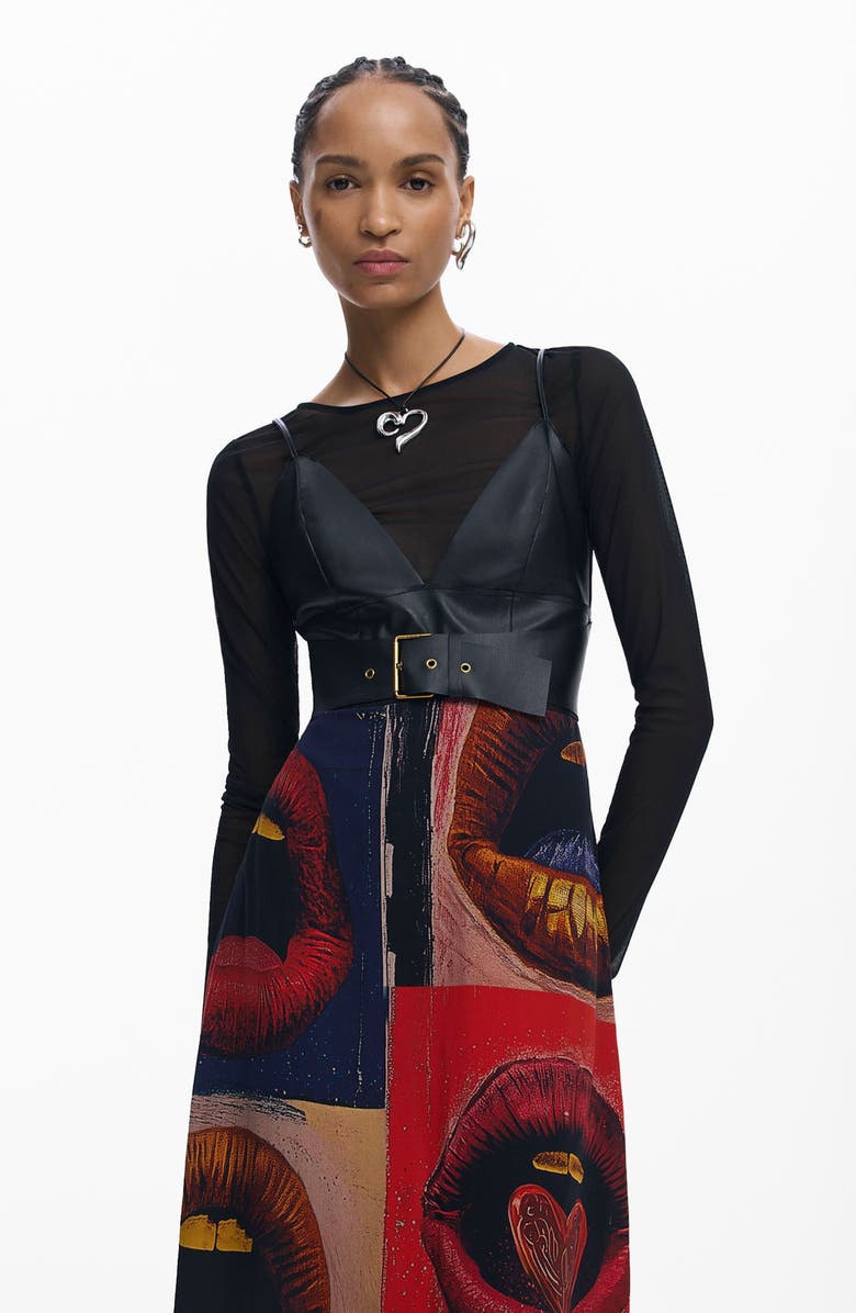 Desigual Long Sleeve Mixed Media Faux Leather Bodice Dress, Alternate, color, Black