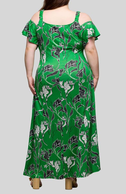 24seven Comfort Apparel Plus Size Cold Shoulder Ruffle Sleeve A-line Maxi Dress In Green