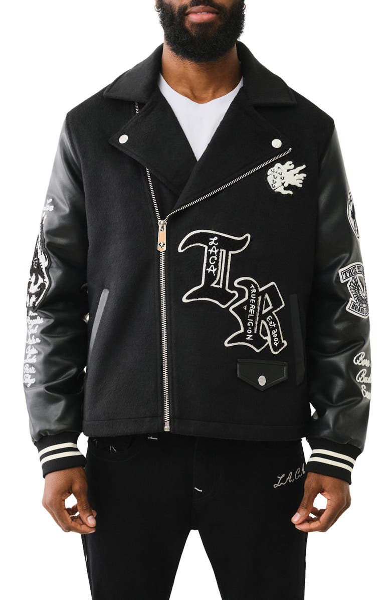 True Religion Logo Patch Biker Jacket, Main, color,