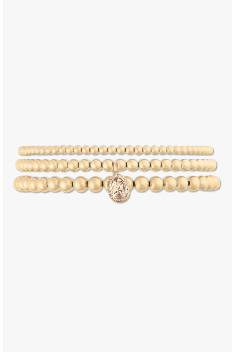 St. Christopher 14k Gold Filled Bead Three Bracelet Stack, Main, color, Gold