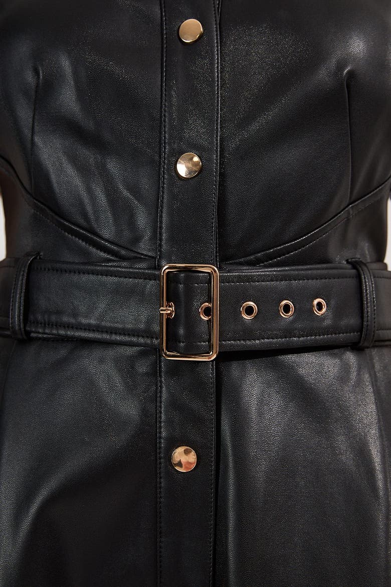 Faux Leather Belted Midi Shirt Dress, Alternate, color, Black