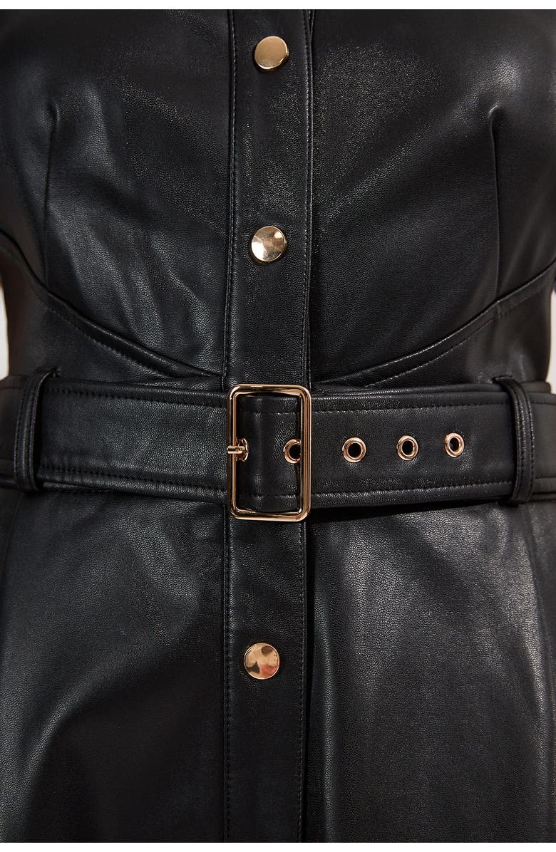 Karen Millen Faux Leather Belted Midi Shirt Dress, Alternate, color, Black