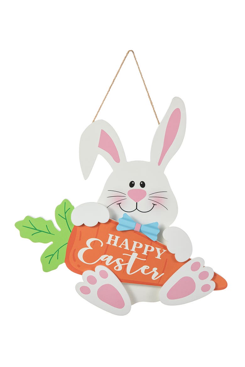 14"H Happy Easter Wooden Bunny and Carrot Door Hanger, Main, color, White