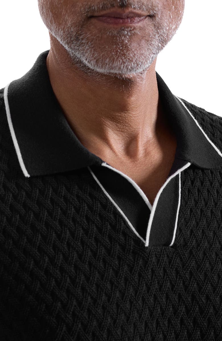 Bugatchi Johnny Collar Basket Stitch Cotton Blend Polo Sweater, Alternate, color, Black