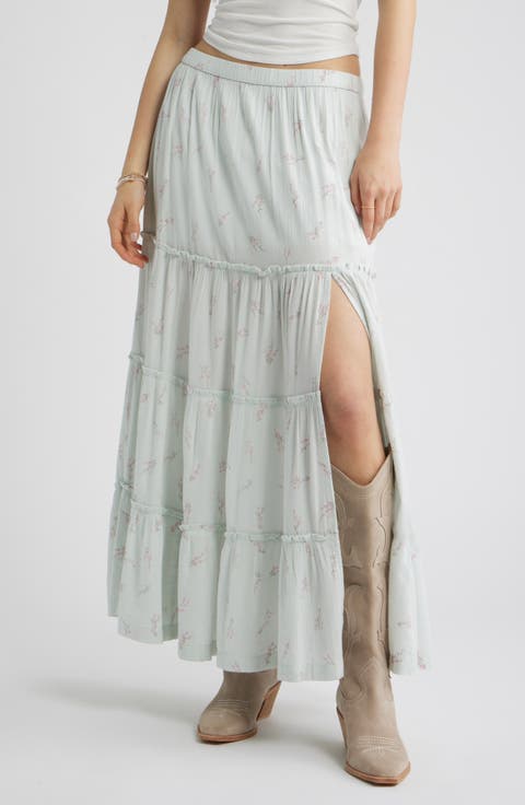 Tiered Linen Blend Crinkled Gauze Maxi Skirt