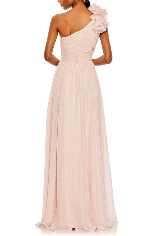 Mac Duggal Rosette Metallic Dot One-shoulder Chiffon Gown In Porcelain
