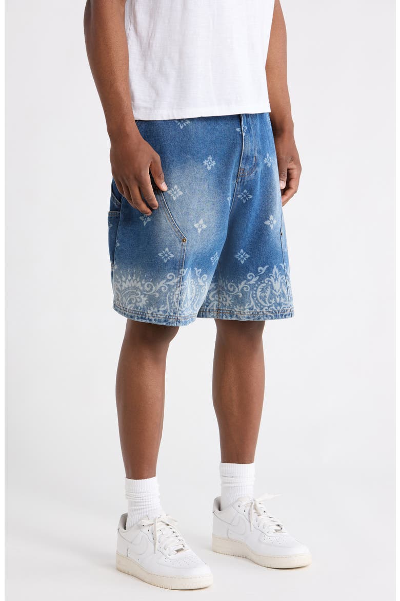 Laser Print Denim Shorts, Alternate, color, MID BLUE