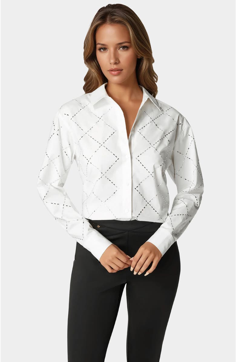 bebe Rhinestone Long Sleeve Blouse, Main, color, White Alyssum
