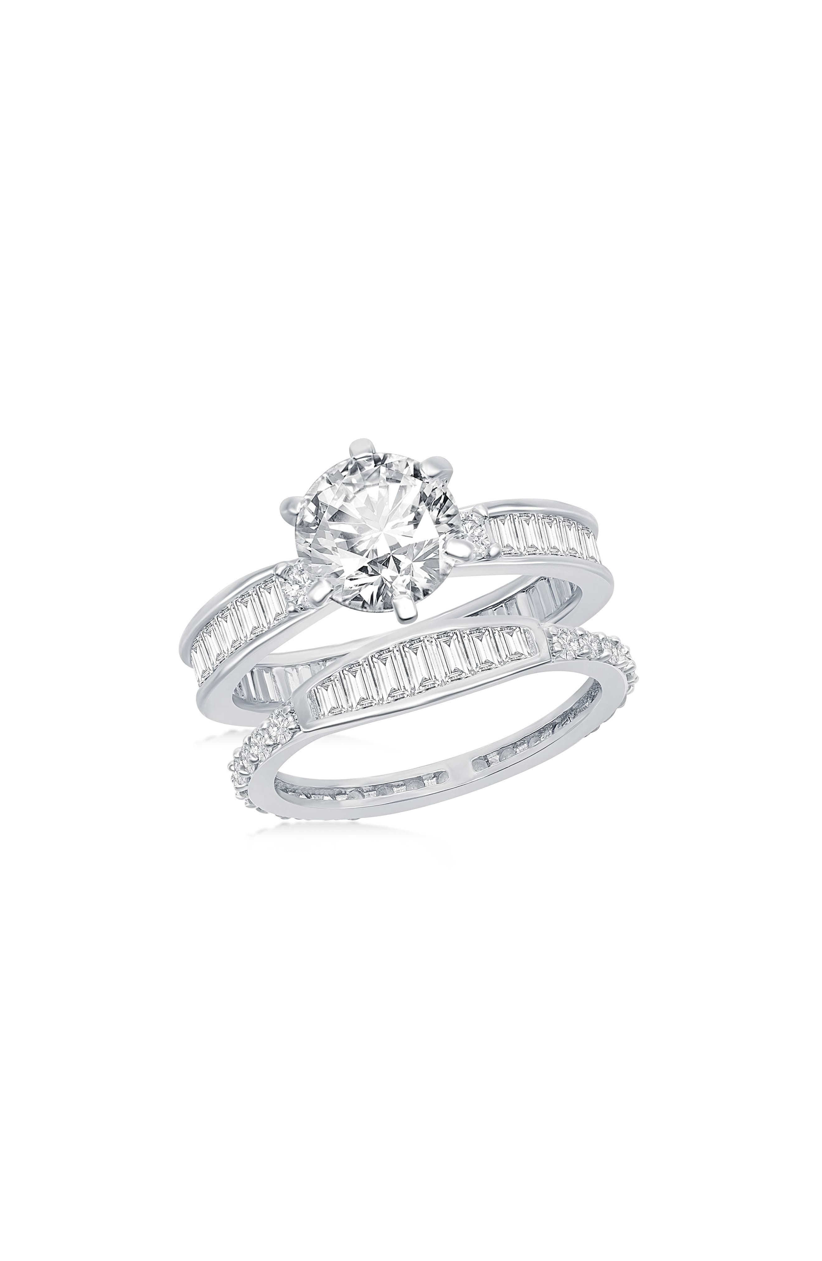 SIMONA Sterling Silver Baguette & Round Cubic Zirconia Engagement Ring Set