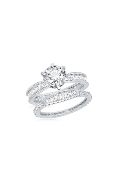 Sterling Silver Baguette & Round Cubic Zirconia Engagement Ring Set