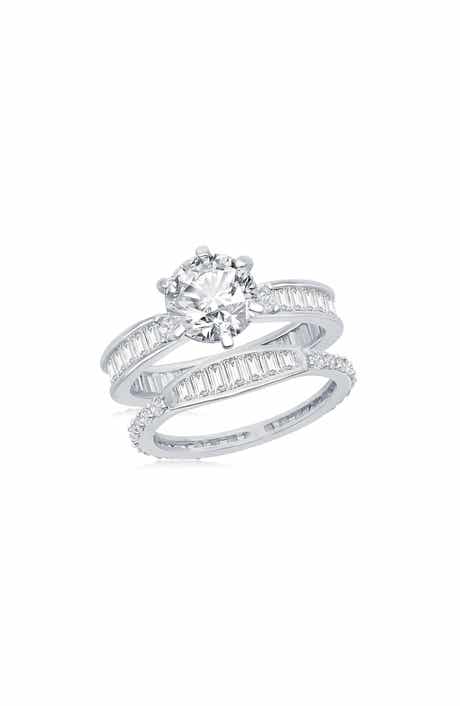 SIMONA Sterling Silver Baguette & Round Cubic Zirconia Engagement Ring Set