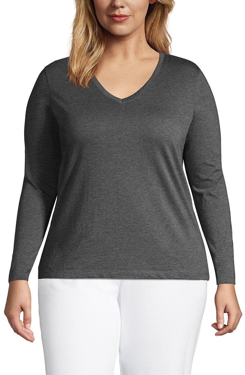 Lands' End Supima Cotton Long Sleeve V-Neck T-Shirt, Main, color, Charcoal Heather