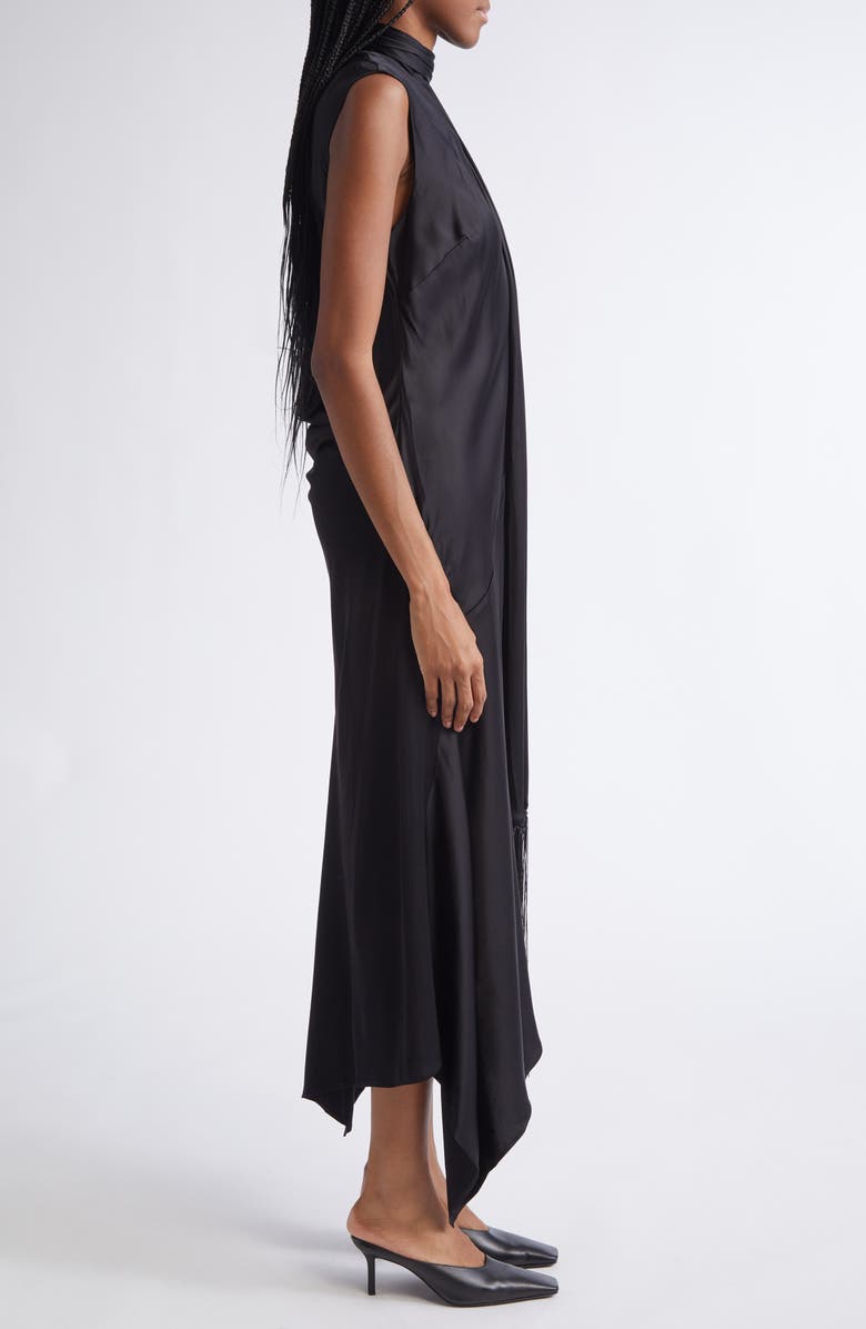 Acne Studios Dale Attached Scarf Asymmetric Satin Dress, Alternate, color, Black