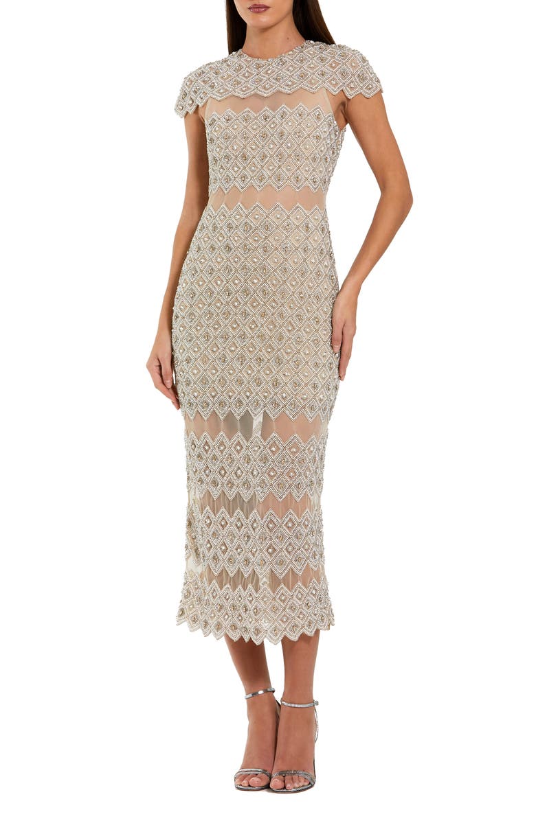 Mac Duggal Beaded Mesh Fitted Midi Dress With Sheer Panels, Main, color, Ivory Nude