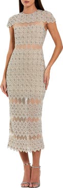 Mac Duggal Beaded Mesh Fitted Midi Dress With Sheer Panels