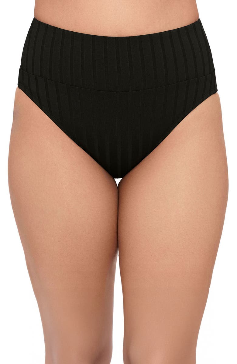 S3 Apparel Wide Ribbed Ultra High Waist Banded Swim Bottoms, Main, color, Onyx Black Wide Rib