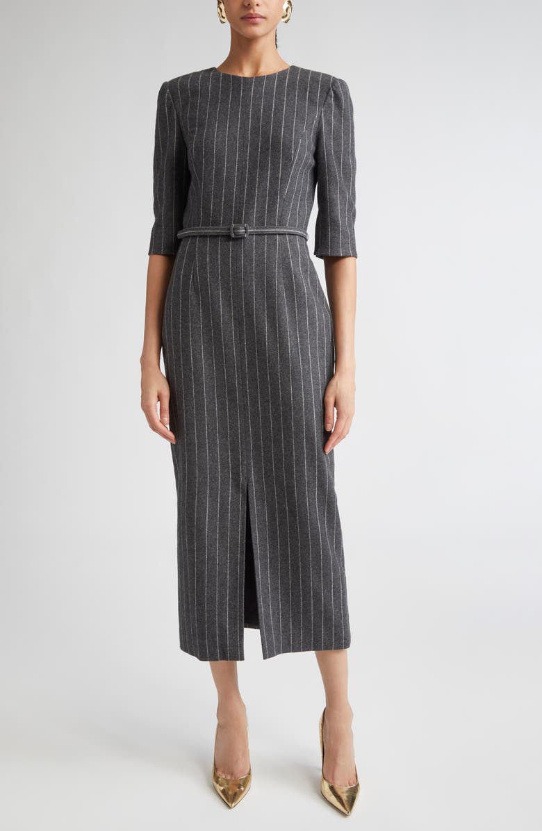 Carolina Herrera Pinstripe Wool Belted Sheath Dress, Main, color, Charcoal Grey