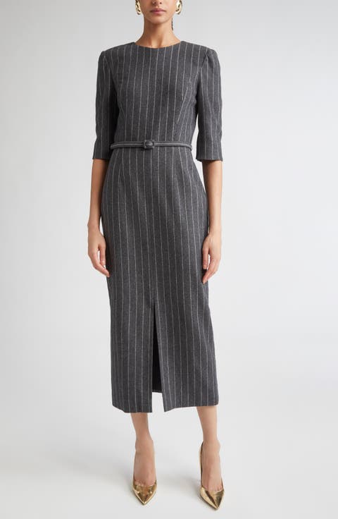 Pinstripe Wool Belted Sheath Dress