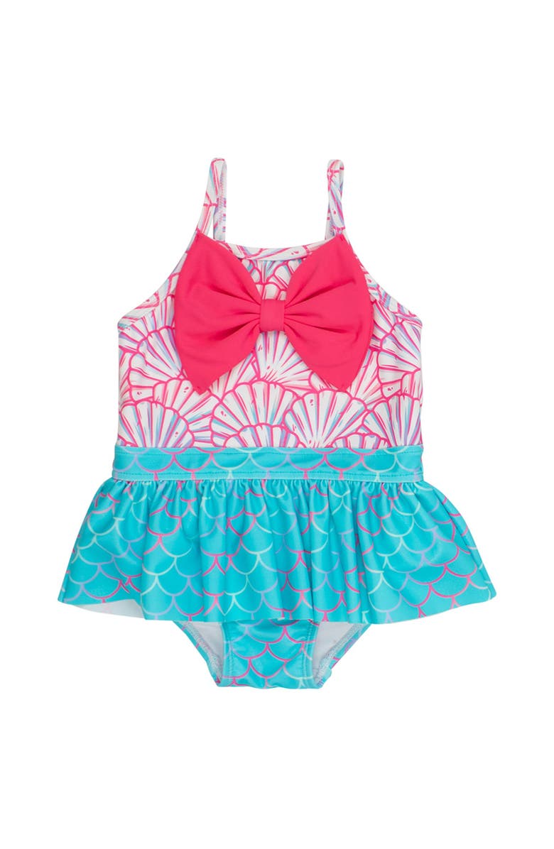 RuffleButts Girls UPF50+ Big Bow Skirted One Piece, Main, color, Pink Magical Mermaids