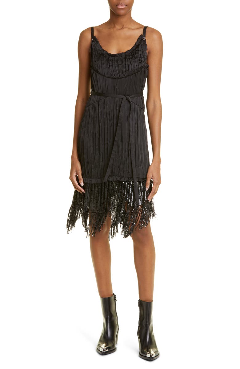 Rabanne Metallic Mesh Fringe Crinkled Satin Midi Dress, Main, color, 