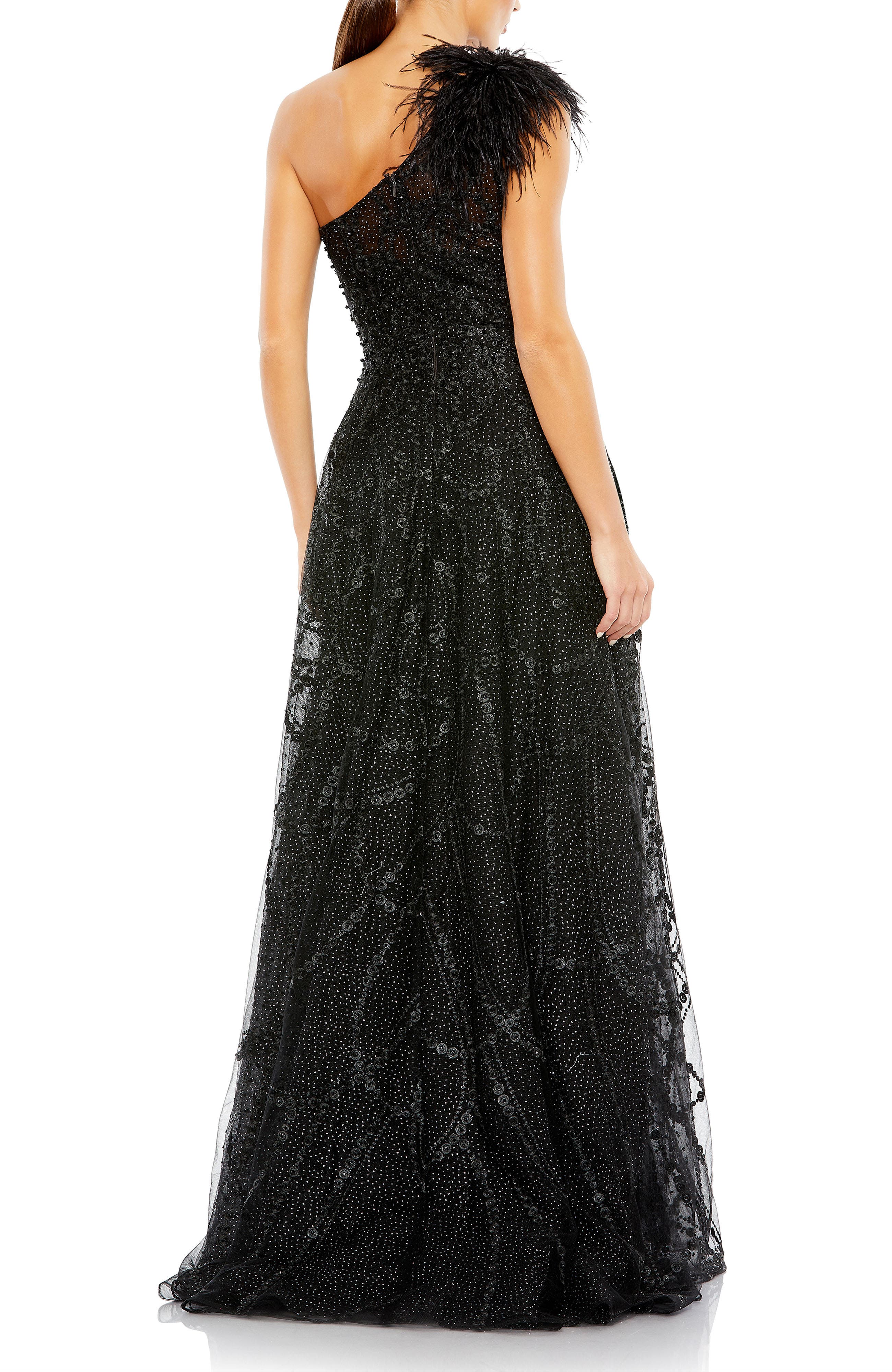 Embellished One-Shoulder A-Line Gown with Feather Accent - image 2