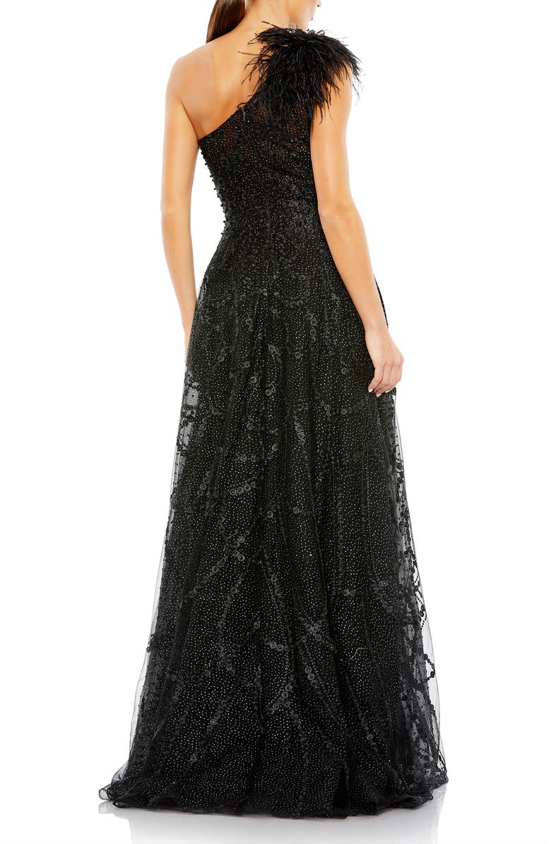Mac Duggal Embellished One-Shoulder A-Line Gown with Feather Accent, Alternate, color, Black