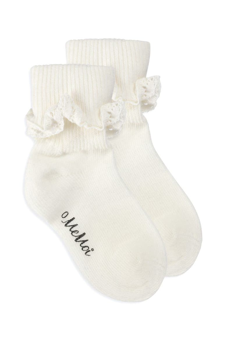 Eyelet-Ruffle-Trim Ankle Sock, Alternate, color, Ivory