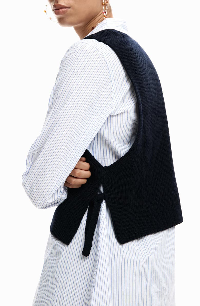 Desigual Stripe Woven Shirt & Sweater Vest, Alternate, color, Black