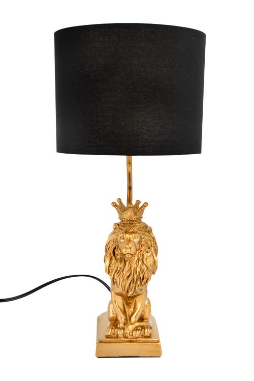 Storied Home Resin Lion Table Lamp With Black Linen Shade, Gold Finish In Gold