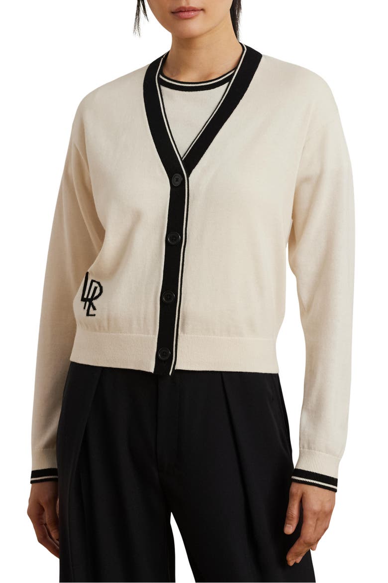 Two-Tone Cotton Blend Cardigan, Main, color, MASCARPONE CREAM/ BLACK
