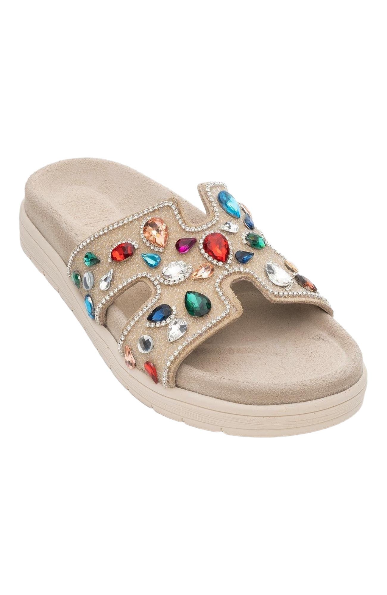 Forever 
Always Shoes Denilla Leather Embellished Slide Sandal, Alternate, color, Beige Leather