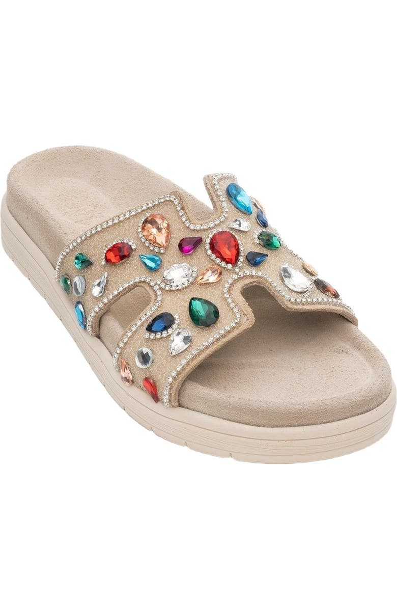 Forever & Always Shoes Denilla Leather Embellished Slide Sandal, Alternate, color, Beige Leather