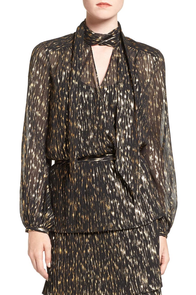 Olivia Palermo + Chelsea28 Tie Neck Blouse, Main, color, BLACK- GOLD FOIL COMBO