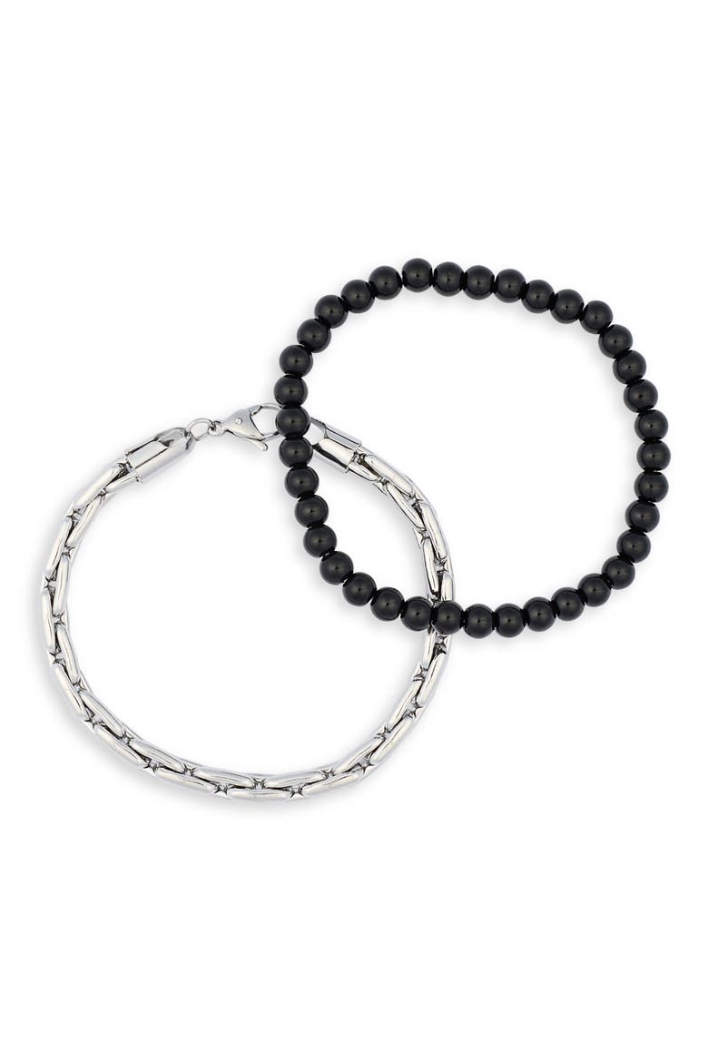 Men's Bead & Stainless Steel Bracelet Set, Alternate, color, BLACK- STAINLESS