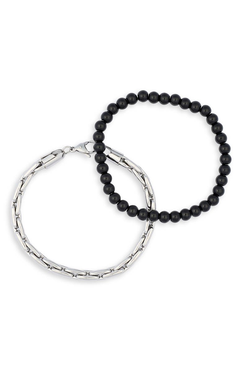 NORDSTROM RACK Men's Bead & Stainless Steel Bracelet Set, Alternate, color, Black- Stainless