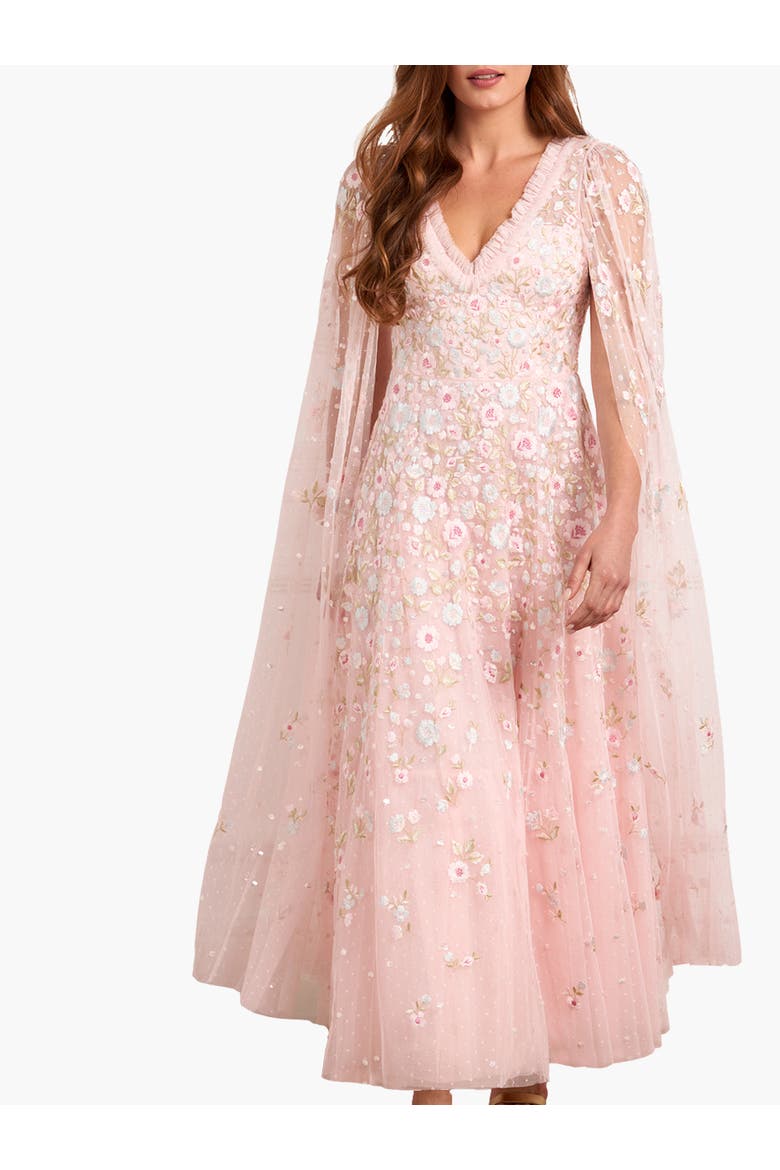 Ethereal Blooms Cape Sleeve Ankle Gown, Main, color, Seashell/Multi