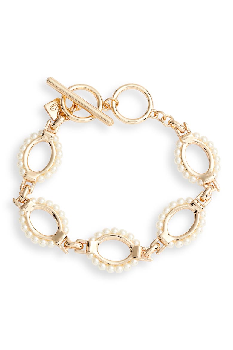 Imitation Pearl Link Toggle Bracelet, Main, color, WHITE- GOLD