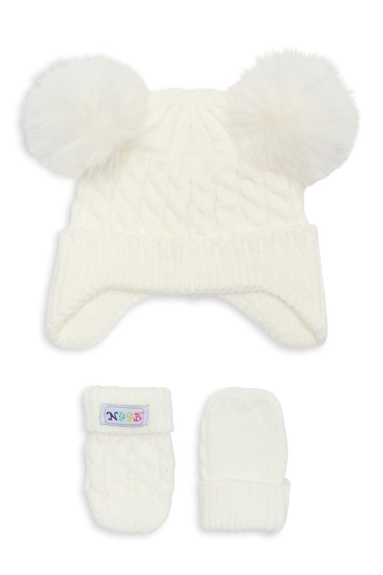 Double Pom Hat & Mittens Set, Main, color, IVORY