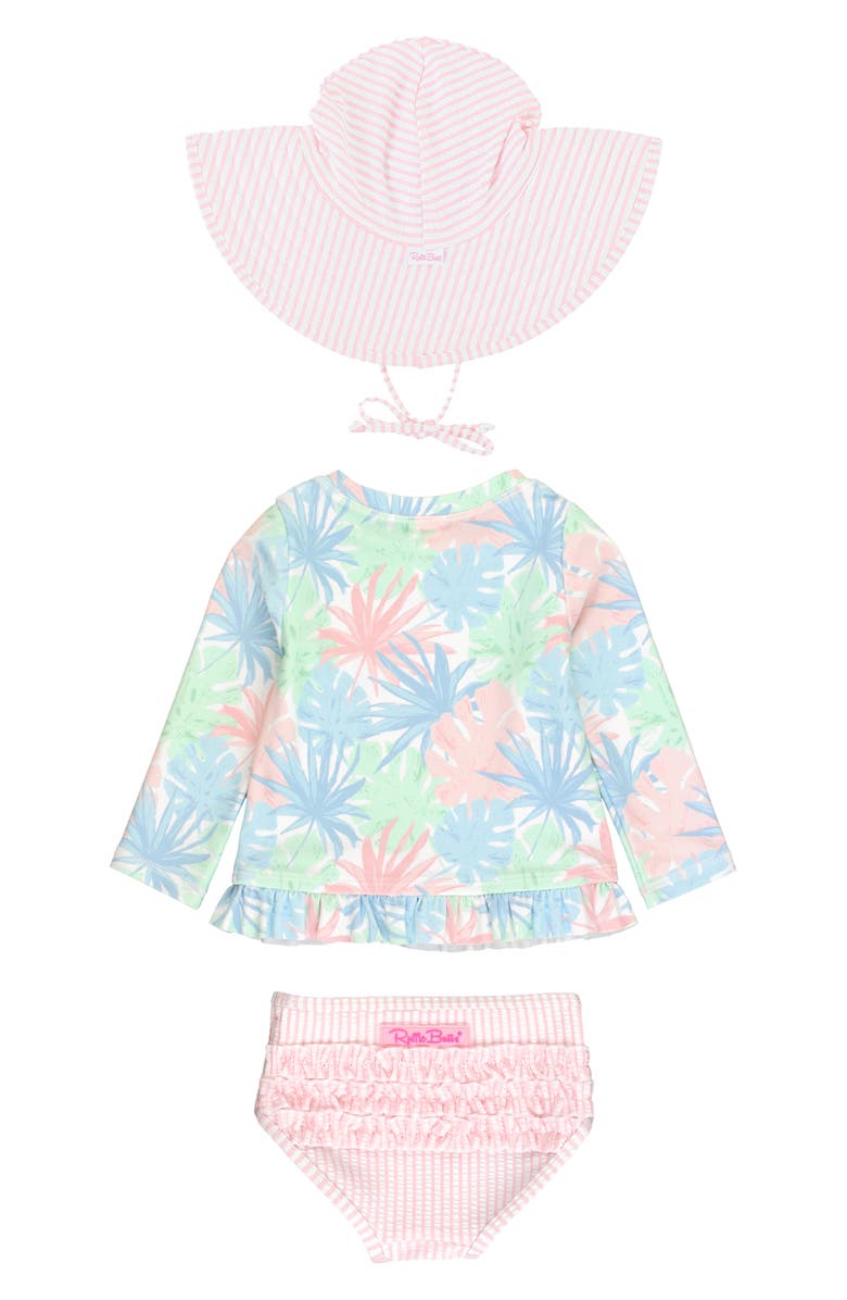 RuffleButts Pastel Palms Ruffle Long Sleeve Two-Piece Rashguard Swimsuit & Hat Set, Alternate, color, 