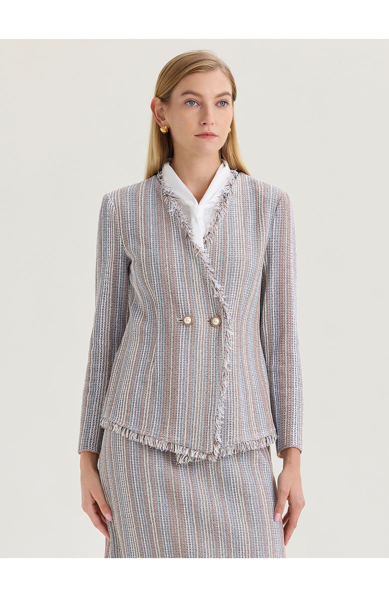 Misook Asymmetrical Fringe Trim Knit Jacket, Main, color, Biscotti/Powder Blue