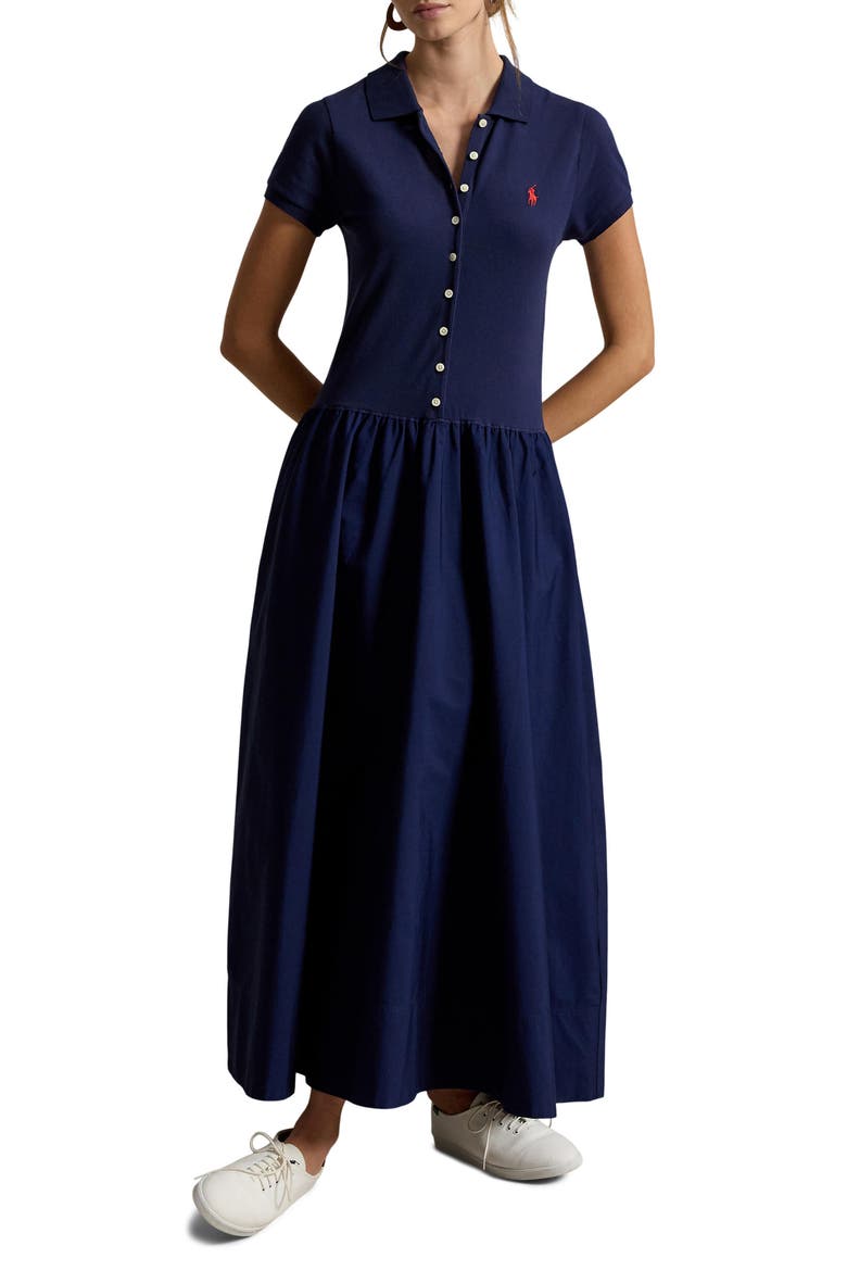 Hybrid Mesh Polo Bodice Dress, Main, color, NEWPORT NAVY