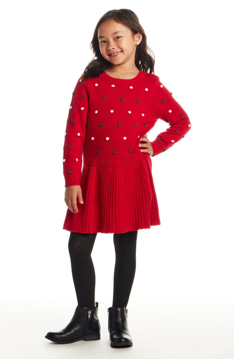 Andy & Evan Kids' Pompom Sweater Dress, Alternate, color, Red Bubble