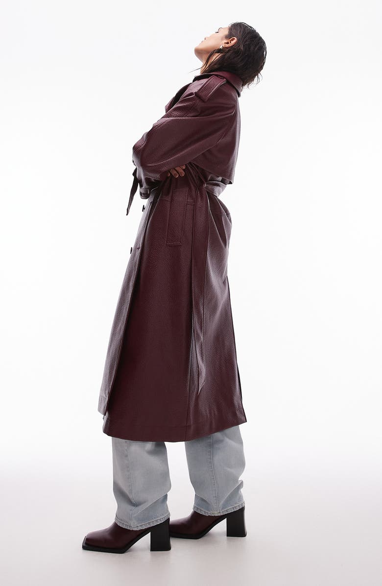 Topshop Belted Faux Leather Trench Coat, Alternate, color, 