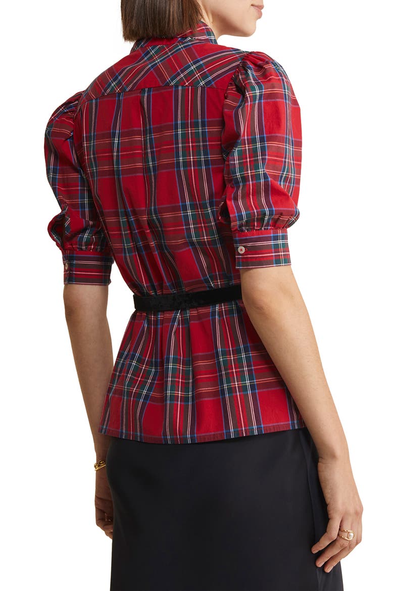 Plaid Bow Neck Stretch Cotton Poplin Button-Up Shirt, Alternate, color, ROYAL STEWART - RED